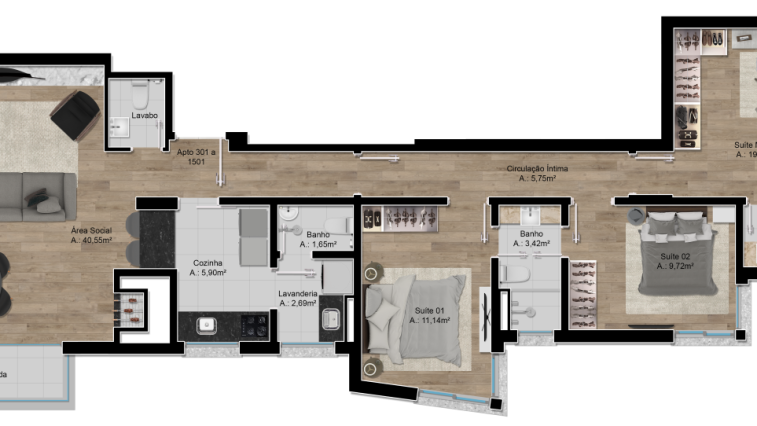 Planta 01 - 3 dorm 124m²