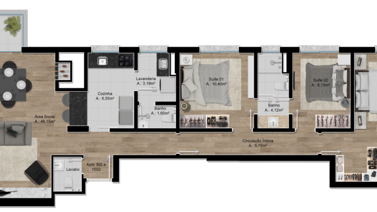 Planta 02 - 3 dorm 131,78m²